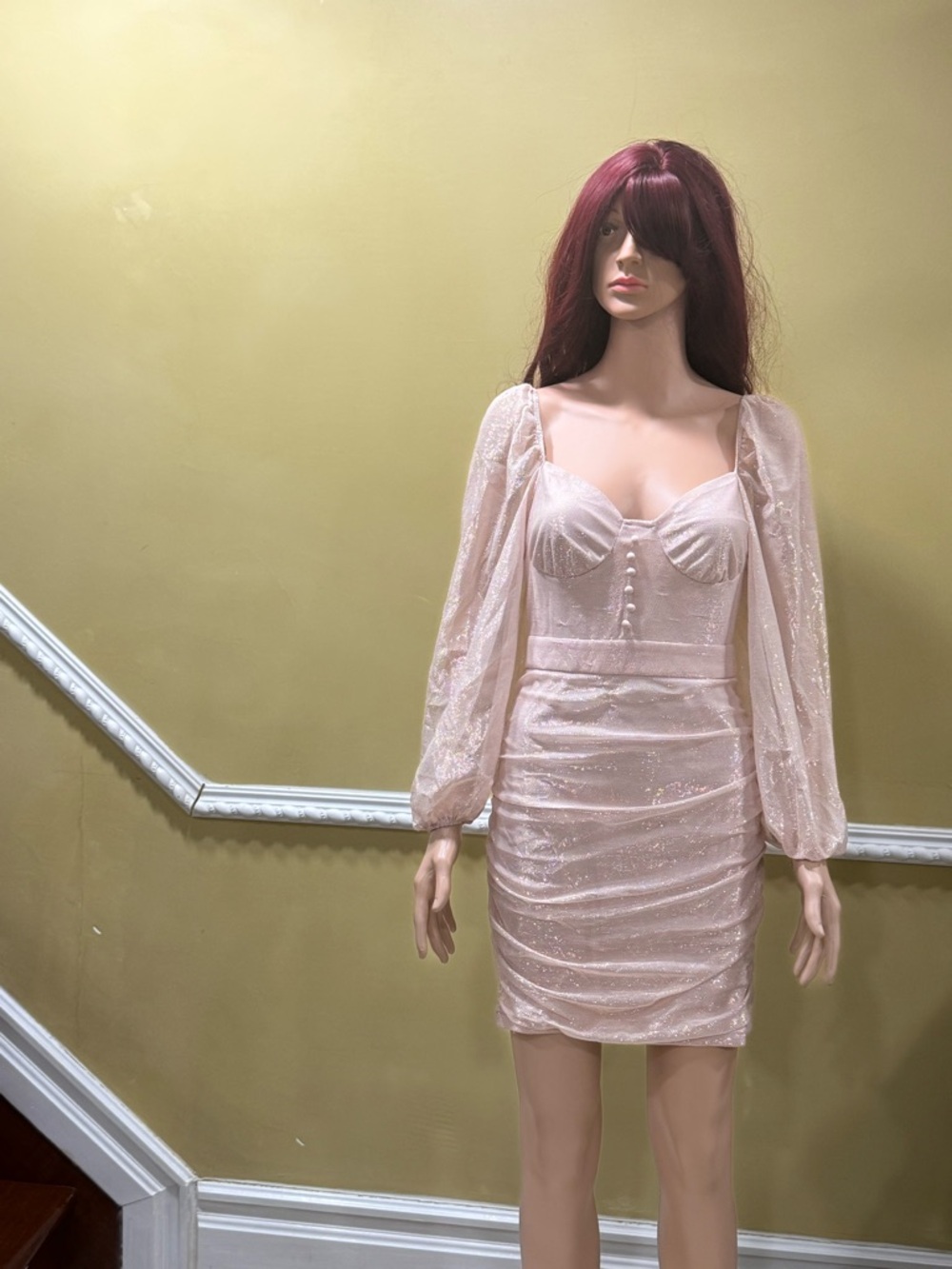 Sky Pale Blush Long Sleeve Ruched Mini Dress